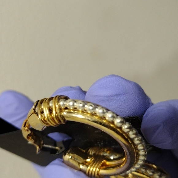 Women's Polished Two tones, Gold & Silver Interconnected Beaded Hoop Earrings - Picture 4 of 5